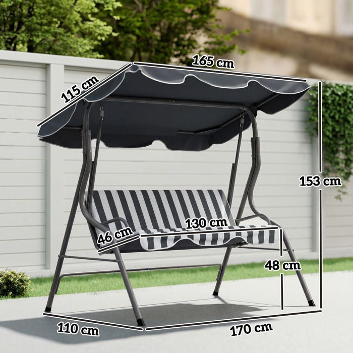 Columpio de jardín Outsunny - 3 plazas - Toldo impermeable - Inclinación ajustable - Cojines para asiento y respaldo - Rayas grises y blancas