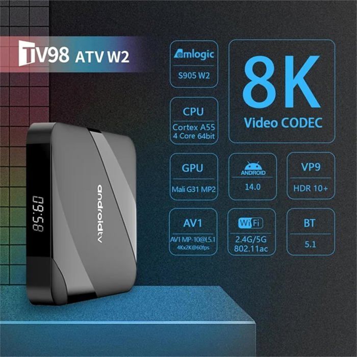 Android TV Box TV98 ATV, OUTUOTWQ Android 14 TV BOX Amlogic S905W2 2GB RAM 16GB ROM Vídeo 8K WiFi 2.4G/5G Compatível com Netflix