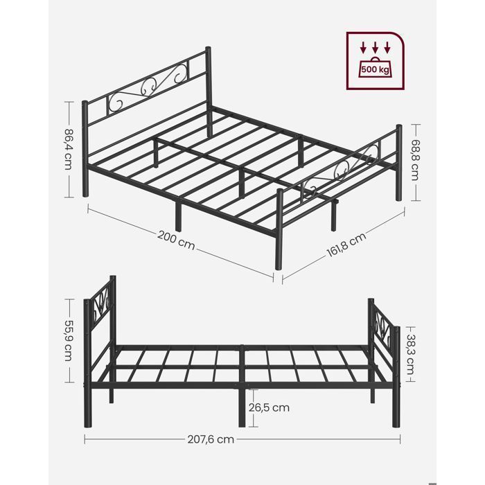 Estructura de cama VASAGLE de 160 x 200 con base de láminas metálicas, cama doble, metal, fácil montaje, para habitación de invitados, habitación juvenil, color negro.