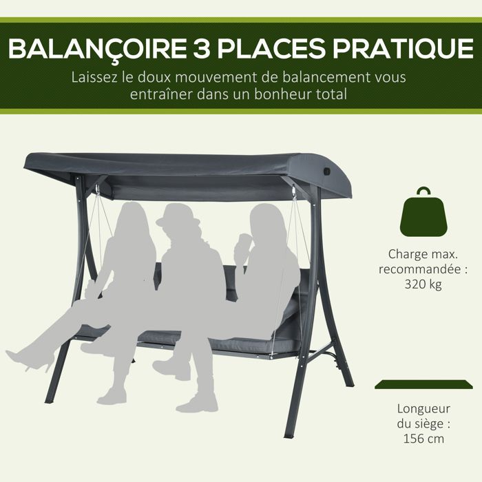 Balancelle de jardin Outsunny Acier 202x115x168cm Gris foncé