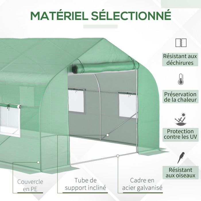 Serre de jardin tunnel - Outsunny - porte 8 fenêtres enroulables galvanisé bâche PE haute densité 140 g/㎡ - 600x300x200cm - vert