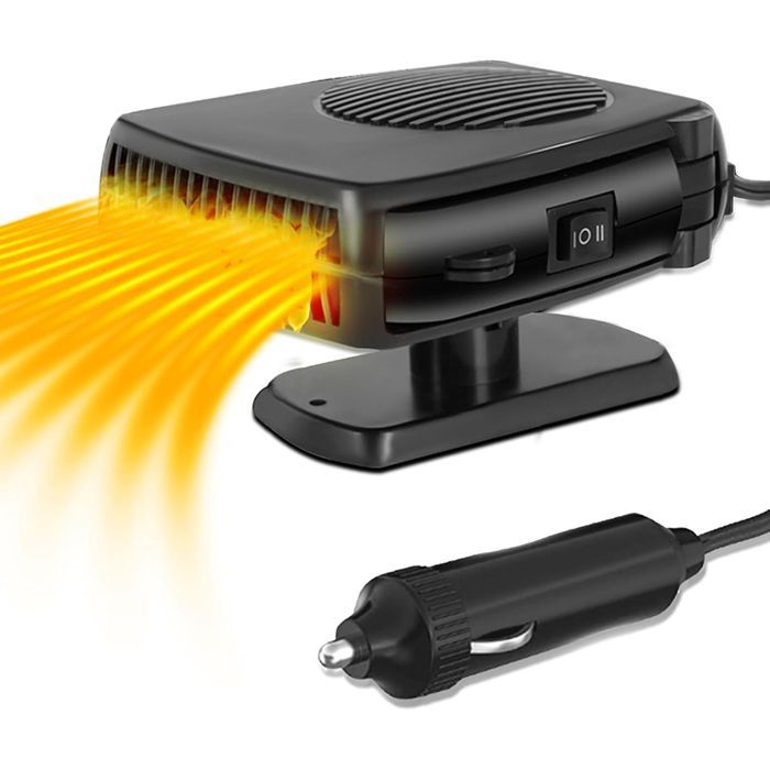 Portable 12V 150W windshield defroster, plugs into the cigarette lighter, 360-degree rotating heater.
