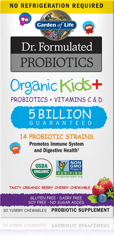 Mäkké žuvacie kapsuly Garden of Life Dr. Formulated Organic Kids + Probiotiká + Vitamín C a D pre podporu imunity a trávenia