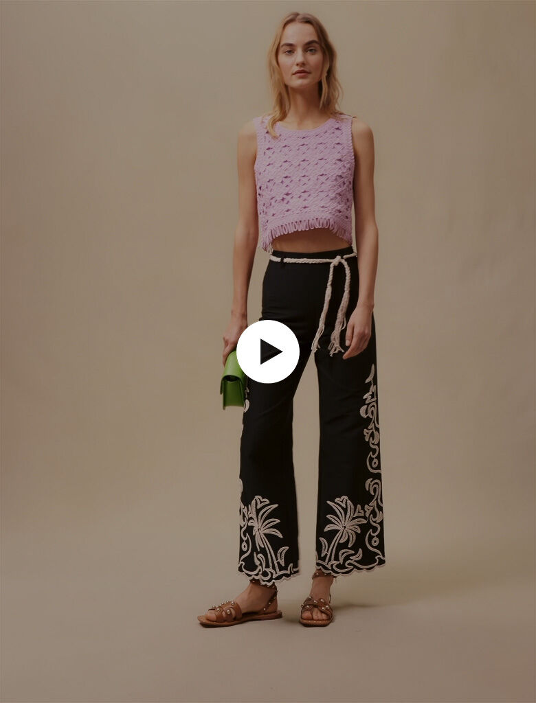 Pantaloni cu broderie cu palmieri - Negru
