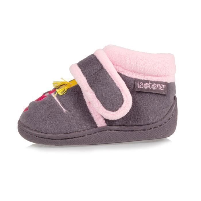 Pantuflas Isotoner para bebé niña, cierre de velcro, suela antideslizante, gris oscuro.
