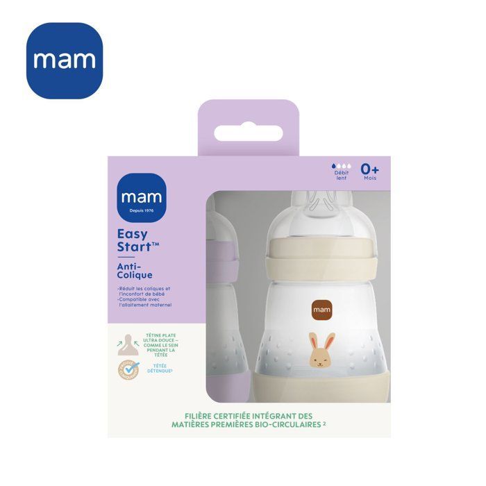 Sett med 2 babyflasker - MAM - Easy Start - Anti-kolikk - 160 ml - Smokk størrelse 1 - Lilla + Sand