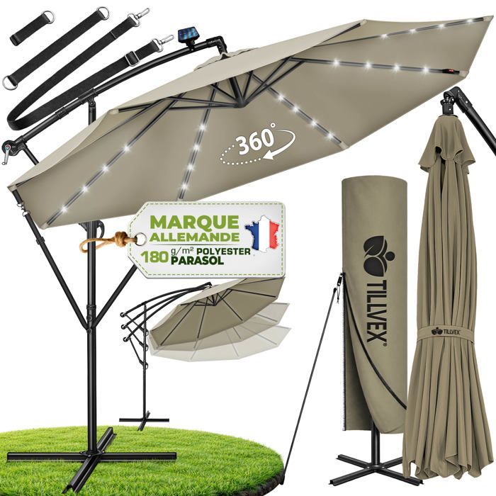 Sombrilla voladiza LED tillvex® Ø 350 cm Marrón – 360°, protección UV UPF 50+ con manivela, funda y cortavientos, parasol con base