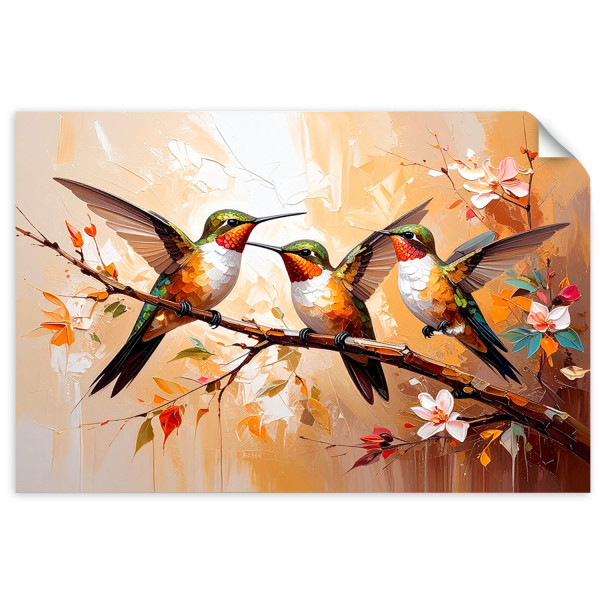 Naklejka samoprzylepna Feeby Kolorowe Kolibry Ptaki na beżowym tle 30x20