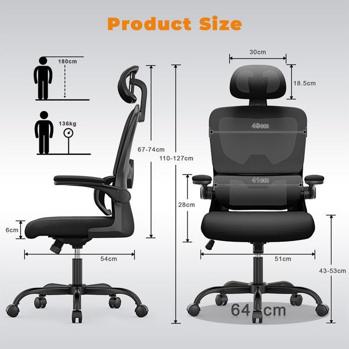 Silla de oficina BIGZZIA con reposabrazos, ruedas, reposacabezas y soporte lumbar. Altura regulable.