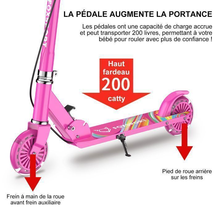 Patinete infantil FOXSPORT - Plegable - 2 ruedas con luces intermitentes - Manillar ajustable en 3 niveles - Freno de mano - Capacidad de carga de 100 kg - Rojo
