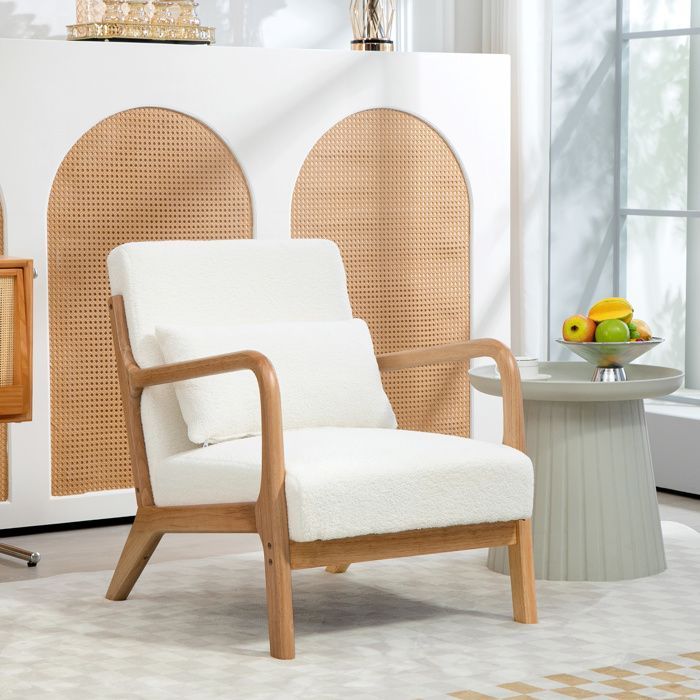 Fauteuil de salon HOMCOM avec cadre en bois massif fauteuil lounge - assise profonde - accoudoirs - aspect velours crème