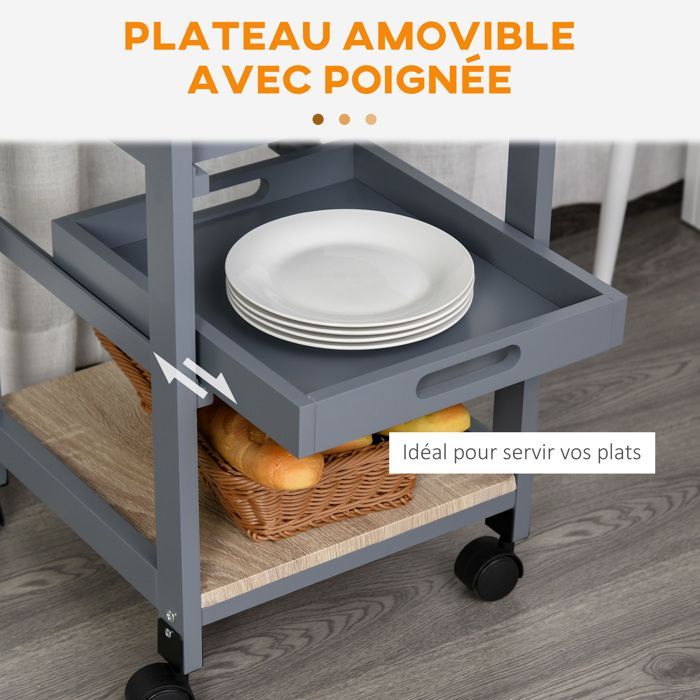 Carrito de servicio - HOMCOM - carrito de cocina con ruedas, cesta, 2 estantes extraíbles, cajón - MDF, pino - roble gris