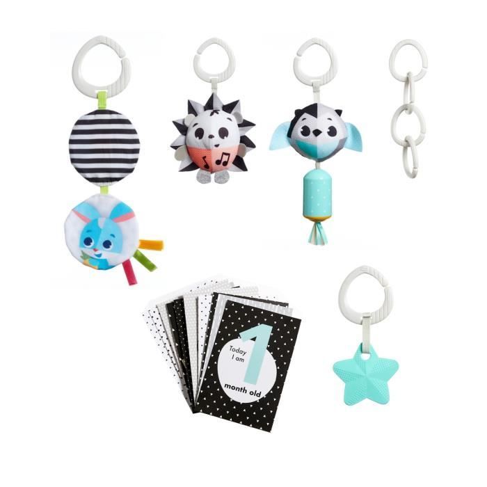 Set regalo TINY LOVE con giocattolo musicale, giostrina frusciante, campanellino, stella, 4 clip per passeggino e 12 carte per le tappe fondamentali, bianco e nero.
