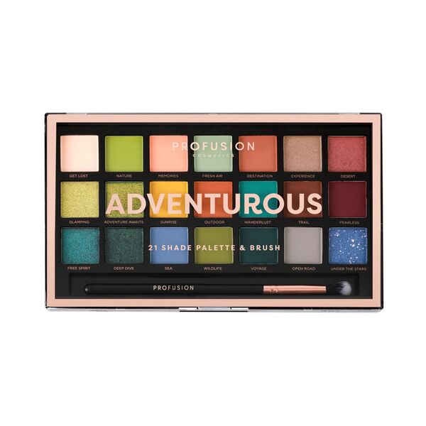 Paletă și pensulă Profusion Cosmetics Adventurous cu 21 de nuanțe