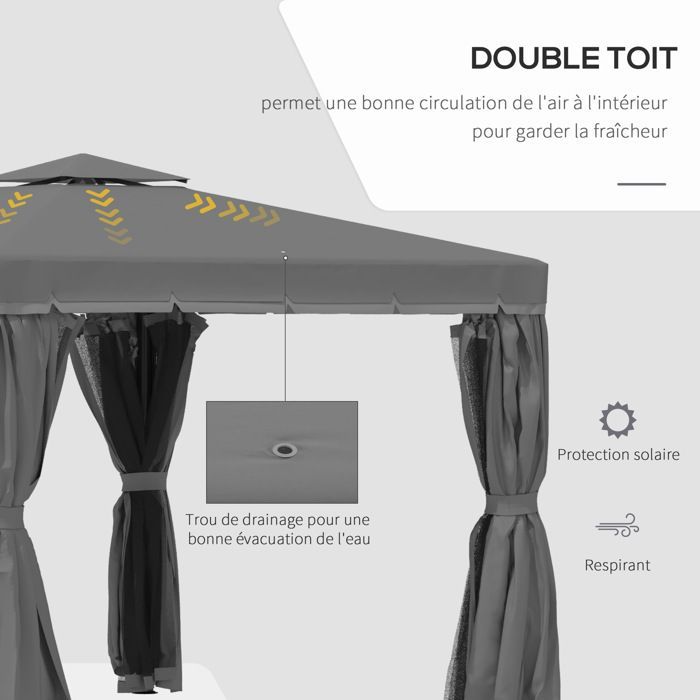 Garden gazebo - Outsunny - 3 x 3 m - gazebo with double roof, curtains and mosquito net - aluminium frame - dark grey
