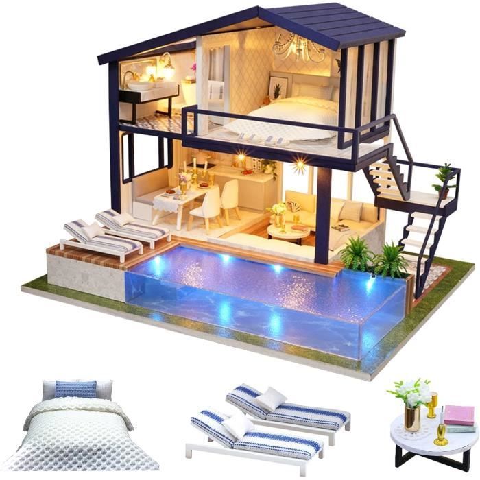 Kit de casa de muñecas en miniatura - ZGEER - Apartamento con piscina - Caja de música LED - Hágalo usted mismo