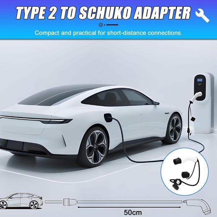 Adaptador tipo 2 a Schuko para estaciones de carga Schuko de montaje en pared para vehículos eléctricos.