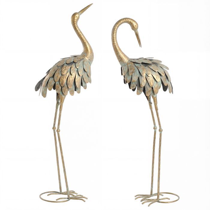 Conjunto de 2 estatuas de jardín - Escultura de garza - Outsunny - 91/95 cm - para patio, estanque, terraza - Dorado/Azul