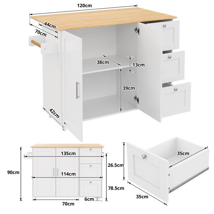 Isla de cocina - Mueble de cocina con 3 cajones - 135 × 44 × 90 cm - Blanco