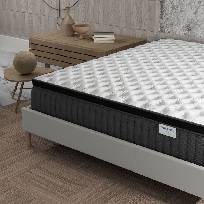 Colchón y base de cama (140x190cm) - Muelles ensacados Elekctra y espuma viscoelástica, 30cm de grosor + Base de cama de madera estable, Tela blanca