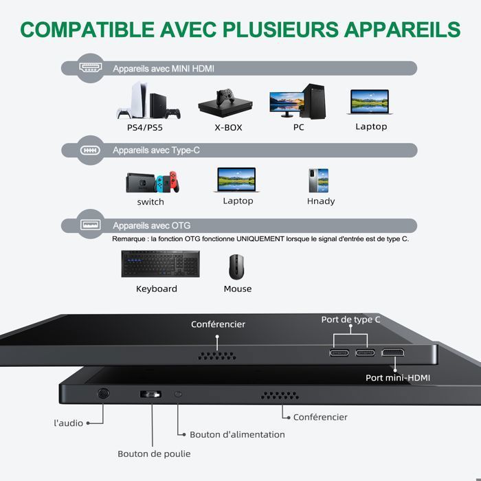 Monitor portátil UPERFECT de 18,5 polegadas Full HD IPS, 1080p, taxa de contraste de 1200:1 | 100% sRGB | Tempo de resposta de 14 ms
