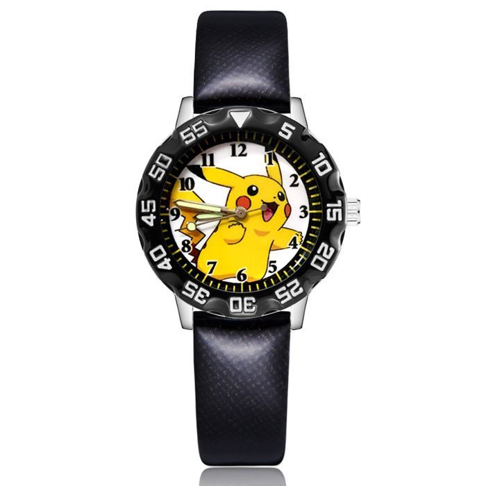 Reloj infantil de Pikachu | Correa de cuero vegano negro | Correa ajustable | Movimiento de cuarzo | Diseño de Pokémon