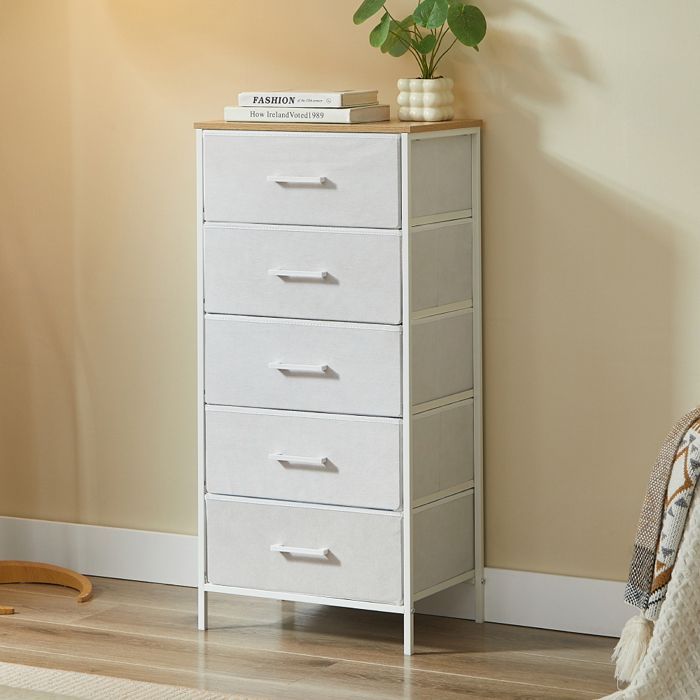 CASABEL Commode haute 5 tiroirs en tissu rigide, métal blanc et bois 45x30x94 cm, idéale pour chambre, salon ou entrée
