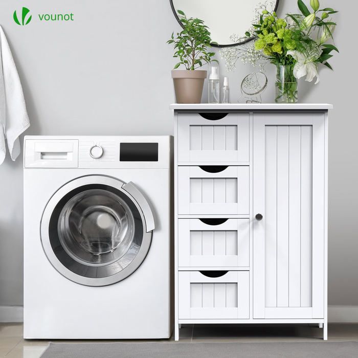 VOUNOT® Meuble bas de salle de bain 55x30x82cm - Armoire de rangement avec 4 tiroirs, 1 porte, 1 étagère réglable - Blanc