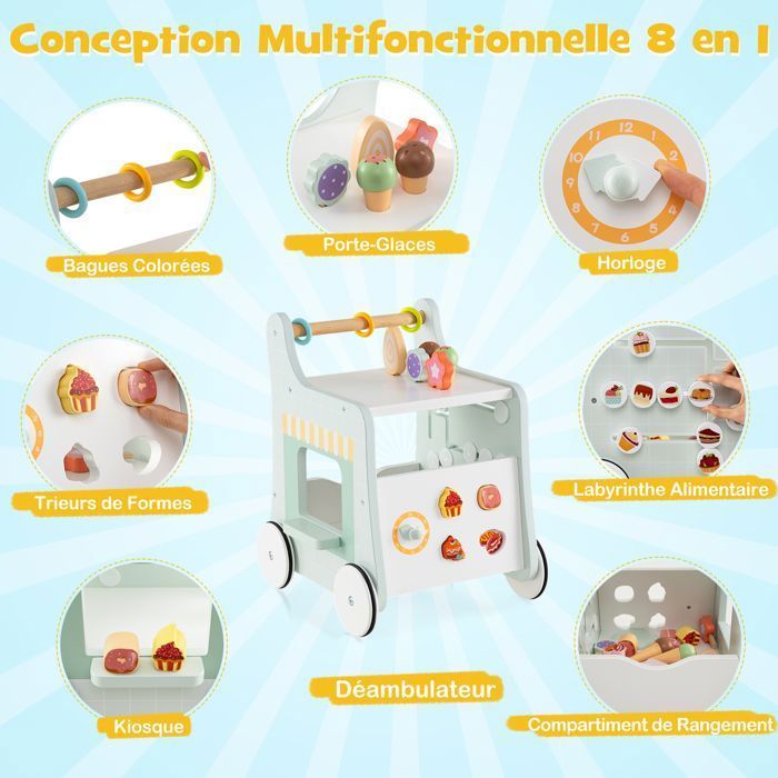 DREAMADE Lauflernwagen aus Holz für Kinder ab 1 Jahr, multifunktionaler Eiswagen mit Zubehör und leichtgängigen Rädern, Grün