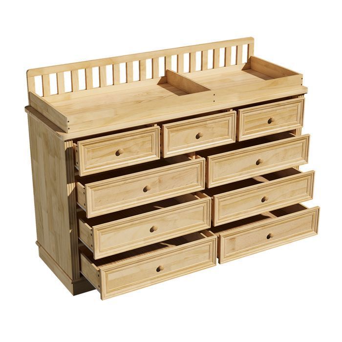 Massief houten babycommode, ergonomische commode met 9 lades, 140x48x102 cm, naturel, babykamer