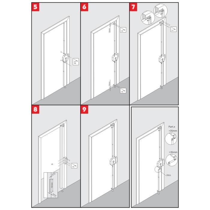 Cerradura de seguridad para puerta principal con varillas, montaje en superficie, 6 puntos de cierre, color blanco, lado derecho, distancia entre ejes de 60 mm, 5 llaves.