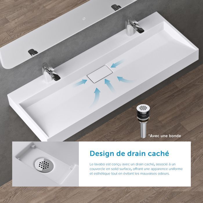 Lavabo suspendido con desagüe, lavabo de encimera, blanco mate, 120x46x11cm, lavabo con 2 orificios para grifería, rectangular, Colossum19