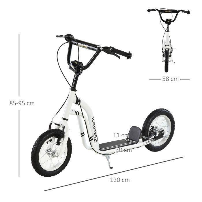 Patinete infantil - HOMCOM - Neumáticos de goma de 12 pulgadas, capacidad de carga de 100 kg, todoterreno, frenos dobles ajustables - blanco
