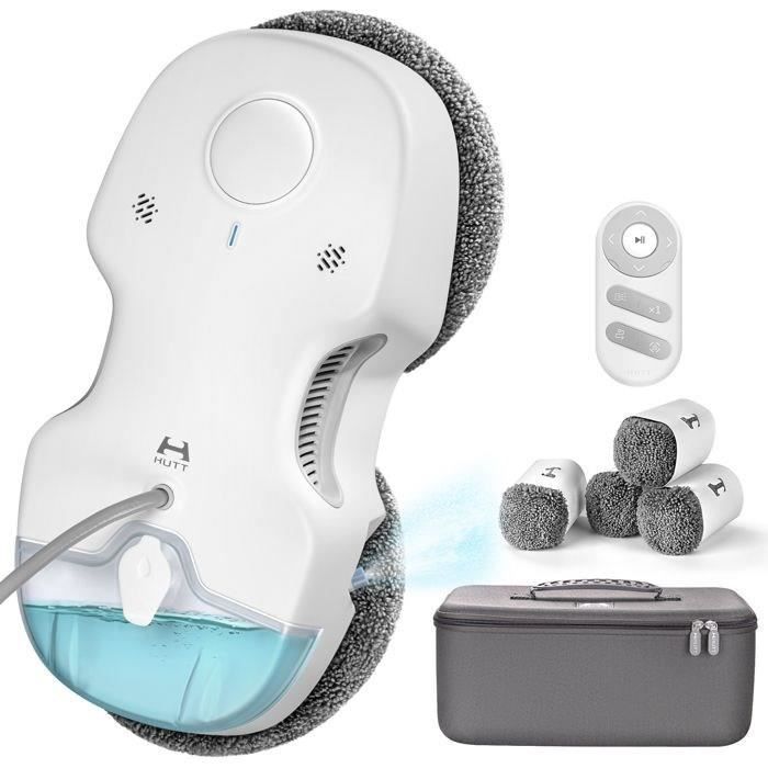 Robô de limpeza de janelas HUTT C65 com reservatório de água de 80 ml, pulverização automática de água, controle remoto e 10 panos de limpeza.