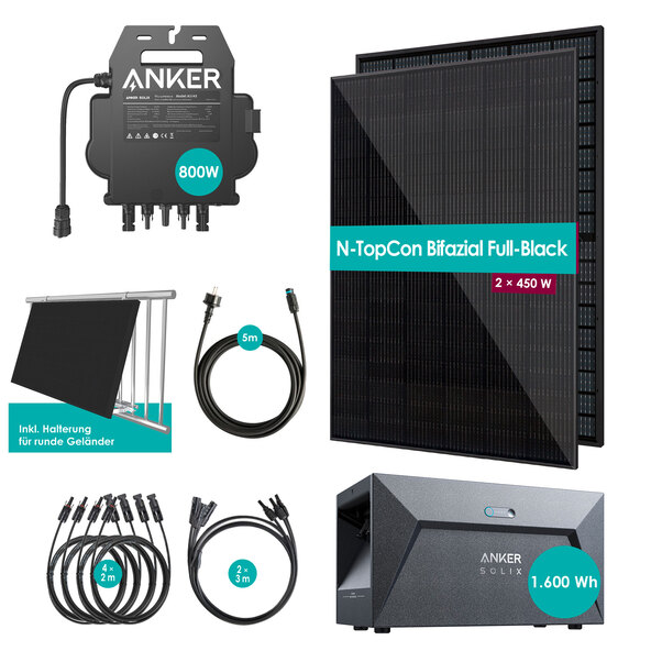 Centrală electrică bifacială pentru balcon 900W / 800W, inclusiv baterie de stocare și suport de perete pentru balustrade rotunde