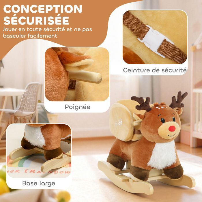 Children's rocking horse, baby rocking reindeer toy with lullabies, safety belt, 65 x 35 x 59 cm, brown