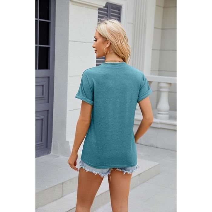 Camiseta de manga corta con cuello en V y botones para mujer, color liso, corte holgado, ideal para el verano, tejido cómodo - Talla europea - Azul pavo real