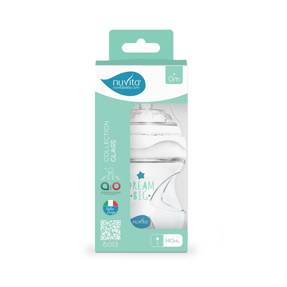 Mamadeira de vidro Nuvita Collection, 140 ml, branca, com válvula anticólica.