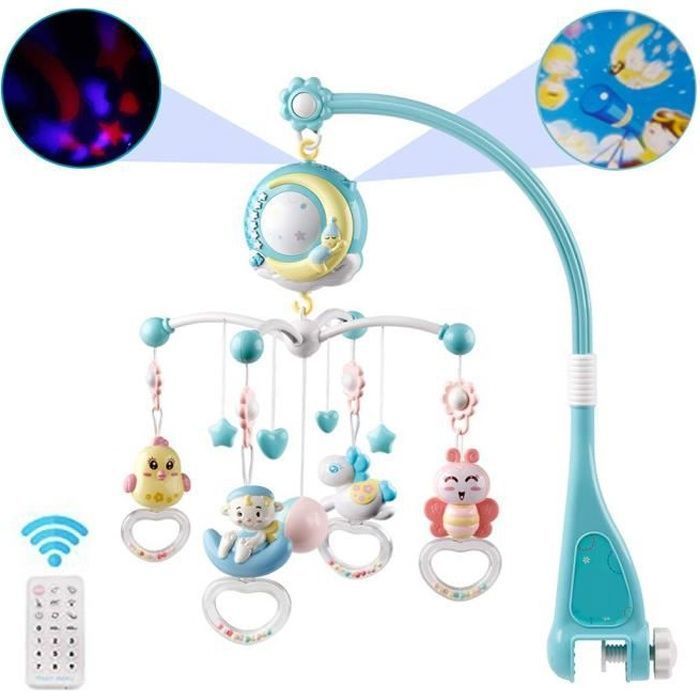 Remote Controlled Musical Mobile for Baby Crib with Light Projection, Music and Sounds, Suitable from Birth - Blue