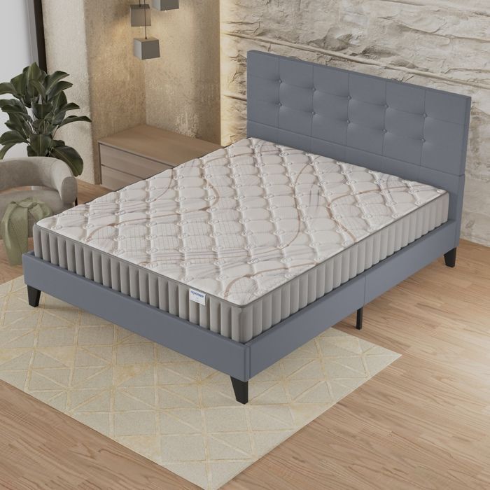 Mattress and bed set (160x200cm) - Sirius 16cm Natural Latex & High Density Foam + Stable slatted base & Grey upholstered headboard