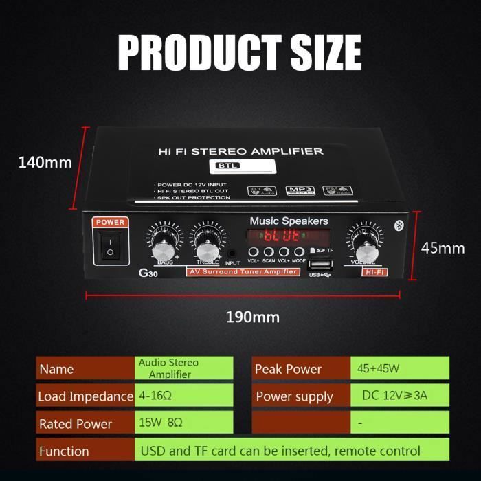 Bluetooth HiFi Amplifier Stereo Audio FM Radio 2 Channels Car Home Remote Control EU Plug DC 12V AC 220V Label