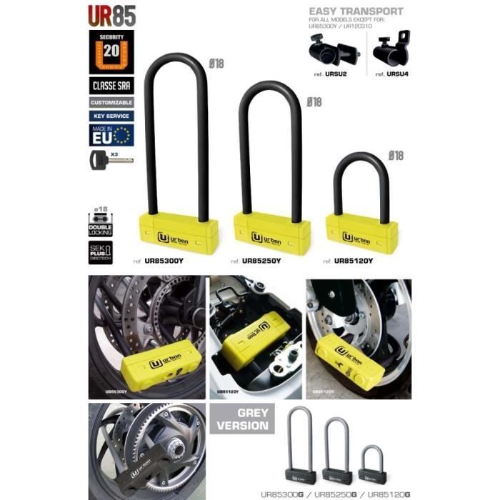 URBAN - Candado en U para motocicleta 85x250mm Ø18mm Amarillo - Homologado por SRA
