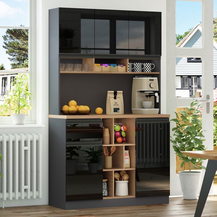 Maisentil opbergkast in hoogglans zwart, 105x45x185 cm, MDF, hoge kast met verstelbare planken en lade