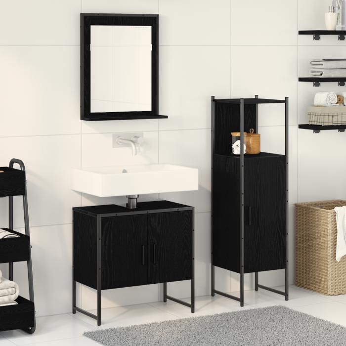 Conjunto de muebles de baño - Roble negro - 3 piezas - Madera de ingeniería - Estilo contemporáneo