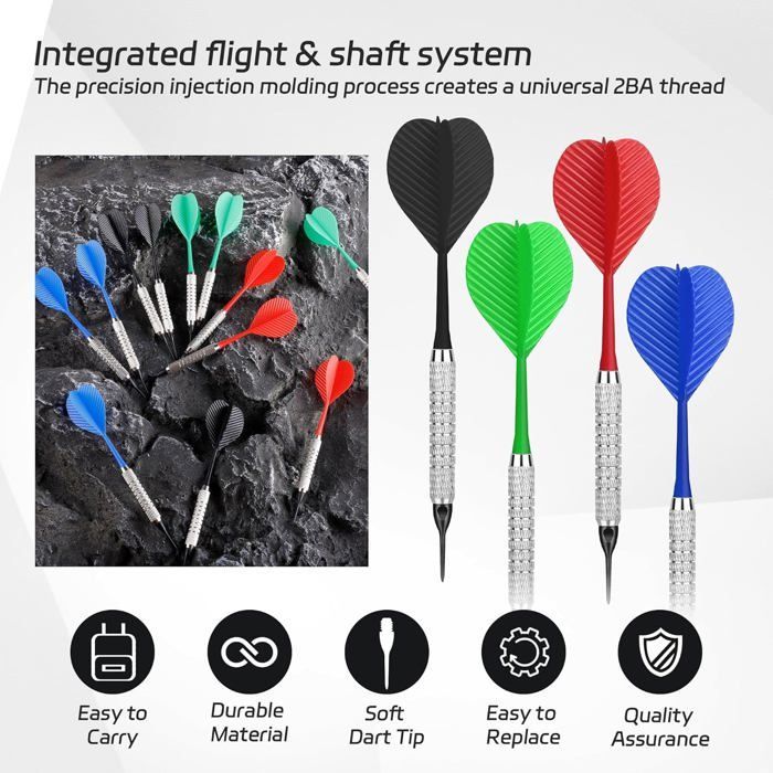 Set of 12 soft-tip darts with plastic tips and 100 plastic tips for electronic dartboards
