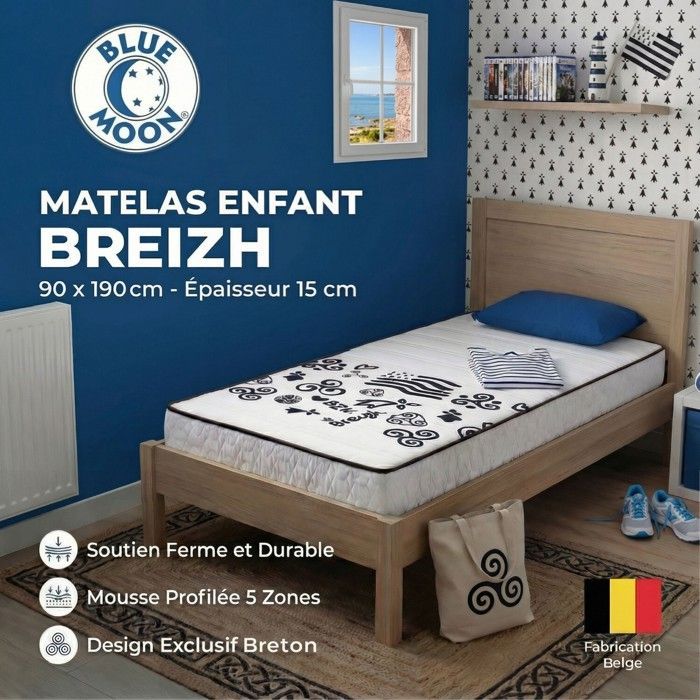 Conjunto de 2 colchões de espuma BREIZH 90x190cm - Espuma contornada de 5 zonas - Suporte firme - 15cm de espessura - Fabricado na Bélgica