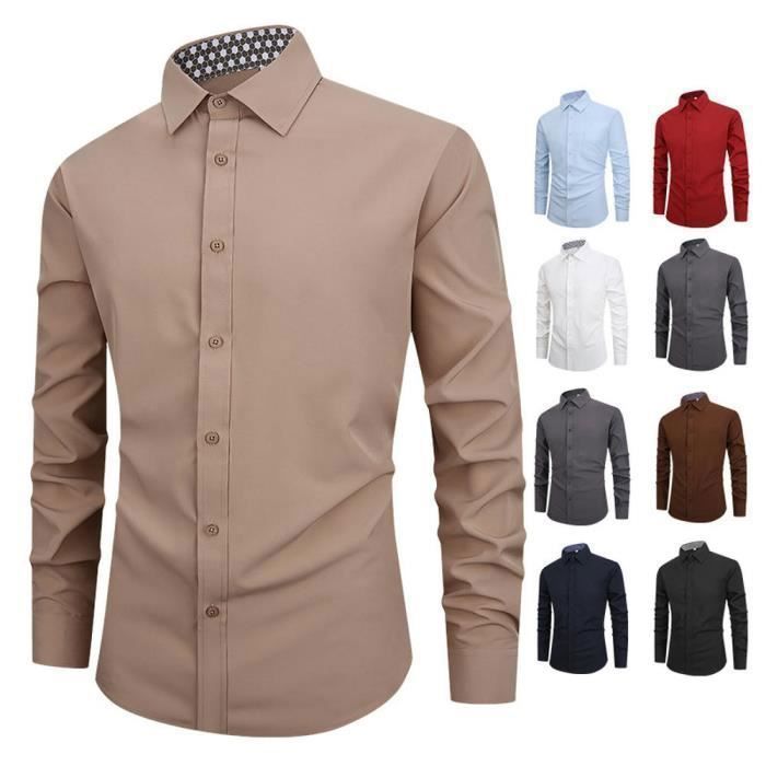 Men's Slim Fit Plus Size Long Sleeve Check Collar Shirt, Elegant Solid Color - EU Size - White
