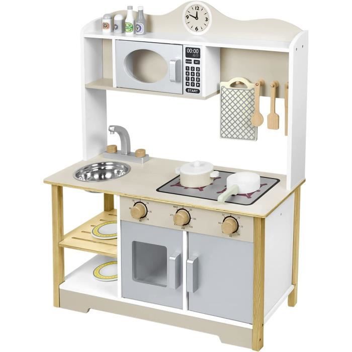 Spielküche aus Holz – AUFUN – 14 Zubehörteile – 62 x 26 x 78 cm – Für Kinder ab 3 Jahren