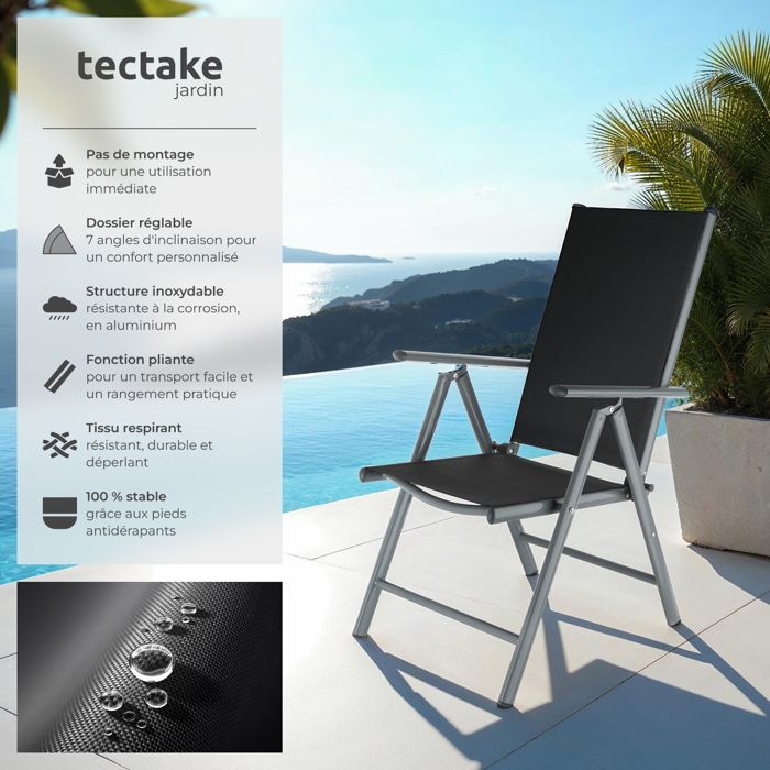 Fauteuils de jardin - TECTAKE - Lot de 2 chaises de jardin pliantes MARILENA Pliable Dossier réglable 7 positions - Noir/Anthracite