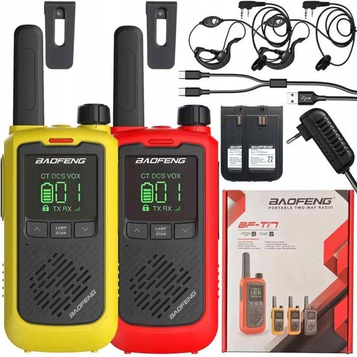 BF-T17 – Walkie-talkies – Paquete de 2 – 16 canales – Recargables por USB – Rojo y amarillo